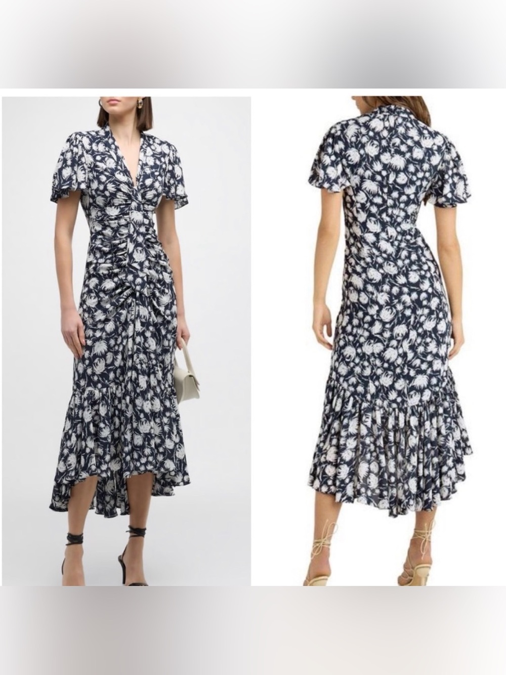 Cinq A Sept Floral Ruched Peeta Midi Dress Navy Blue 4